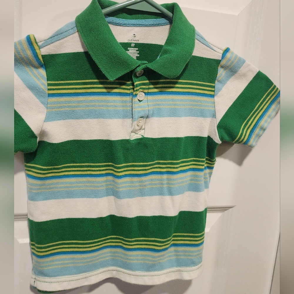 Old Navy Green and Blue Striped Polo Shirt